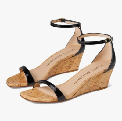 Stuart Weitzman Nudistcurve Womens Sandal Sz 9.5 B Black Patent Leather Wedge - Image 1 of 4