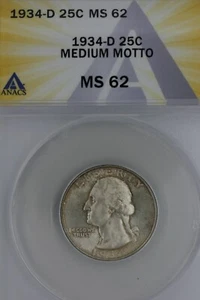 1934-D .25 ANACS MS62 MEDIUM MOTTO Washington Quarter, Silver 25 Cents (0.25) - Picture 1 of 2
