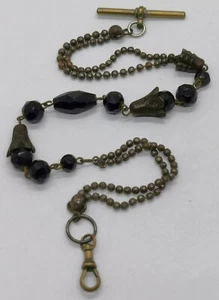 Vtg c1900 Steel Bead, Carved Wood & Black Jet Mourning Pocket Watch Albert Chain - Picture 1 of 12