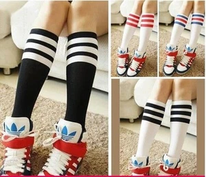 GIRLS FOOTBALL BASKETBALL BASEBALL TENNIS GYM SPORT KNEE HIGH STRIPED SOCKS - Picture 1 of 8