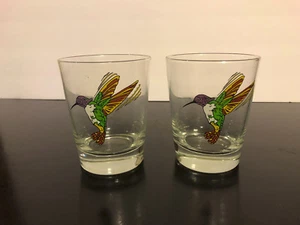 2 Hummingbird Hibiscus ROCKS Heavy Tumbler Glasses Mid Century Vintage RARE - Picture 1 of 5