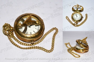 Antique Vintage Maritime Push Button Brass Sundial Pocket Watch with Chain-Gift - Image 1 of 4