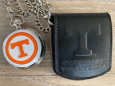 Danbury Mint NCAA Tennessee VOLS Pocket Watch w/Chain & Leather Belt Pouch Cover