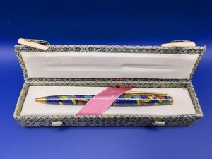Vtg Japanese Cloisonné Pen In Original Box Blue w/ Gold Tone Trim  NEEDS REPAIR - Picture 1 of 12