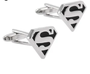 SUPERMAN CUFFLINKS 1 pair Super Hero Comic Silver Tone Black Enamel Logo - Picture 1 of 1