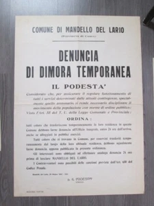 Manifesto poster pubblicitario ordine di dimora temporanea comune Mandello 1942 - Picture 1 of 1