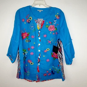 John Mark Embroidered Linen Tunic Top Women's Petite Size PXL Blue Boho Floral - Picture 1 of 11
