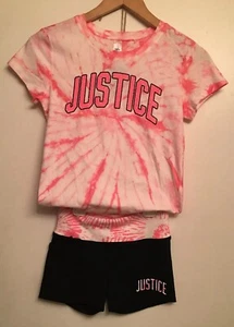 JUSTICE Sz 10 Girls Tie Dye Pink Tee T-shirt & Matching  Black Yoga Shorts NEW - Picture 1 of 5