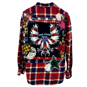 Upcycled Flannel Shirt Shacket Women 1X Patriotic July Patchwork Folk Art Grunge - Picture 1 of 13
