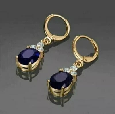Висячие серьги-подвески из желтого золота 14 карат с имитацией синего сапфира овальные 2 карата - Изображение 1 из 4