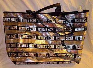 Bolso de Mano Victoria's Secret Negro y Plateado Lentejuelas Rayas Nuevo con Etiquetas Cierre de Cremallera Fin de Semana - Imagen 1 de 5
