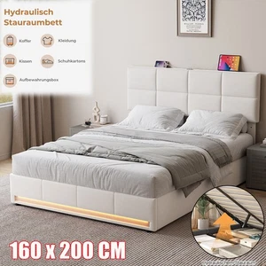 Polsterbett 160x200cm Doppelbett Stauraumbett Bettgestell mit USB/LED Lattenrost - Bild 1 von 40