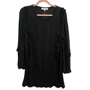 IRO Jeyss 17S Ruffle Eyelet Mini Dress Size 4 Small Black Bell Sleeve Tunic Goth - Picture 1 of 19