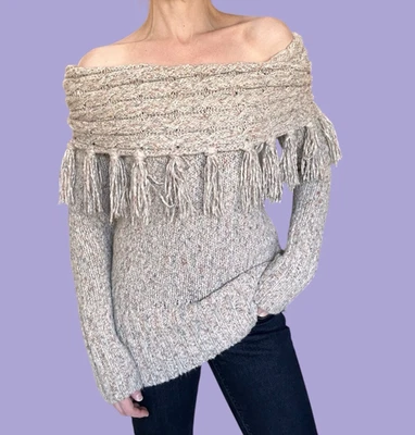 Chunky Knit Off The Shoulder Wide Neck Sweater w/ Fringe By Kensie Sz Small - Image 1 of 4