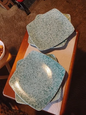 4 MY PIACE MY SPACE 10" BLUE SPECKLED DINNER PLATES - Image 1 of 3