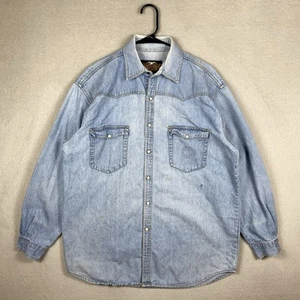 Vintage Harley Davidson Pearl Snap Denim Shirt Mens L Blue 90s Motorcycle Read - Picture 1 of 17