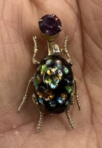 Vintage signierte CORO schwarz gesprenkeltes Plexiglas lila Strass Käfer Insekt Pin SELTEN - Bild 1 von 7