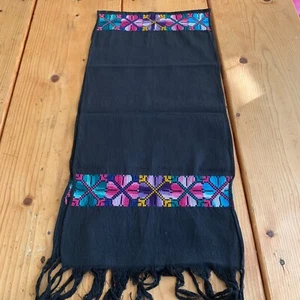 Maya Mexican Chiapas Black Rectangle Embroidered Table runner Long Scarf 11x50In - Picture 1 of 4