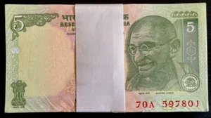 India 5 RUPEES P-94 A 2009 x 100 Pcs BUNDLE Lot GANDHI UNC INDIAN Currency NOTE - Picture 1 of 6