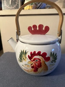 Enamel Rooster Teakettle Hand Painted Wooden Handle Comb Top Lid - Picture 1 of 13