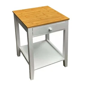 HOMION WHITE BEDSIDE TABLE WITH SHELF & DRAWER BEDROOM NIGHTSTAND NATURAL TOP    - Picture 1 of 6