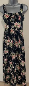 Vintage Black Floral Cotton Maxi Dress Size Small Cut Out Detail At Bust - Picture 1 of 16