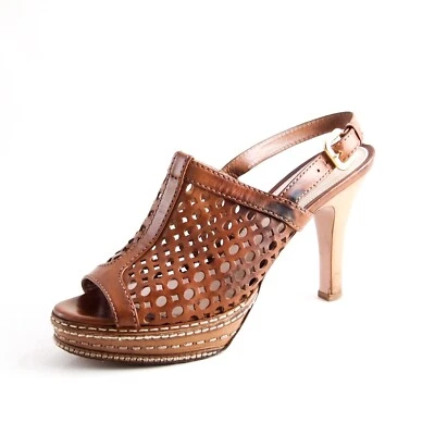 Prada Cage Slingback Cage Sandals High Heel Brown Leather Women Size US 10 EU 40 - Image 1 of 4