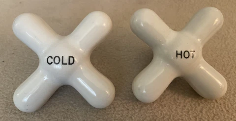 Pair of Antique White Porcelain Cross Hot & Cold Knobs / Handles Cover