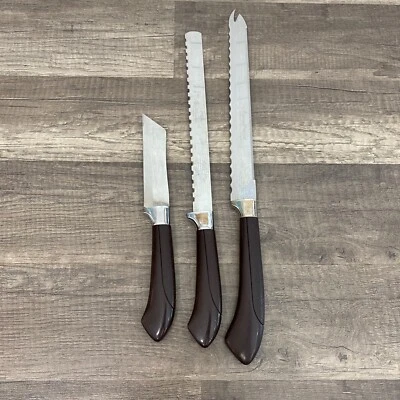 Lote de 3 Cuchillos Ginsu Vintage Mango Marrón Acero Inoxidable Cuchilla Filete Pan Foto 1 de 4