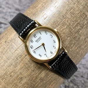 Vtg Seiko Women 1N00-0F60 Dress Black Leather Quartz Analog 20mm Watch 6 1/2" - Picture 1 of 12