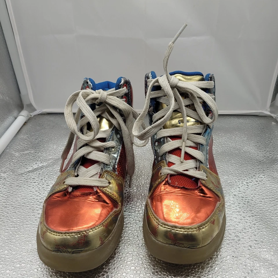 Red Gold Marvel Wonder Woman Light Up Hi Top Sneakers W/ USB Charg Port US 13 YT - Image 1 of 4
