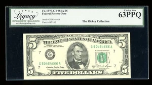 DBR 1981-A $5 FRN Chicago Fr. 1977-G Legacy 63 PPQ Serial G50454666A - Picture 1 of 2