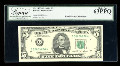 DBR 1981-A $5 FRN Chicago Fr. 1977-G Legacy 63 PPQ Serial G50454666A - Image 1 of 2