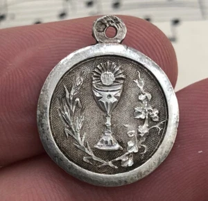 Antique French Art Nouveau Silver 800 First Communion Medal Chalice c1909 - Picture 1 of 4