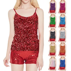 Women Tank Tops Casual U Neck Strappy Sequin Sparkle Shimmer Sleeveless Camisole - Picture 1 of 52