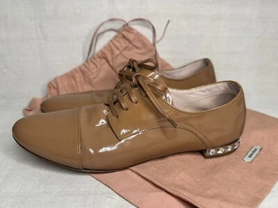 Miu Miu Women's Flat Beige Size 38/8 Rhinestone Patent Leather Lace Oxford Shoes - Image 1 of 4