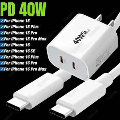 Dual USB C PD 40W Power Adapter Fast Charger Cable For iPhone 16 15 Pro Android - Image 1 of 4