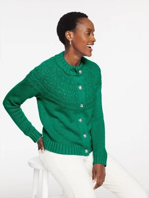 Pointelle Mockneck Cardigan Talbots, NWT $139, color LUSH GREEN - Image 1 of 4