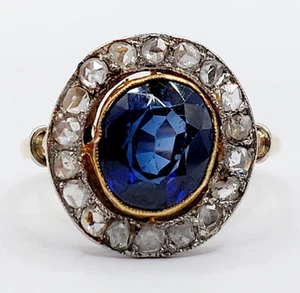Anillo Pompadour Oro 18k Zafiro Sintético Diamante Talla Rosa (1900) - Imagen 1 de 12