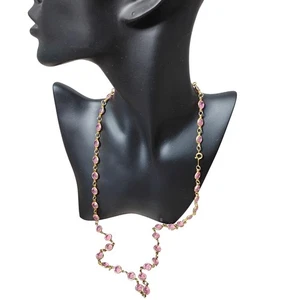 Goldene Halskette rosa durchsichtige Steine Karabinerverschluss leicht 28" lang - Bild 1 von 7