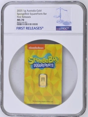 2025 SPONGEBOB SQUAREPANTS 0.9999 珀斯金铸币厂 NGC 评级 MS 70 首次发行 — 第 1/4 张图片