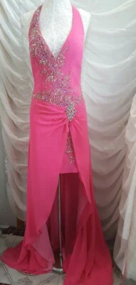 Lo último Rosa Halter Cuentas Mini Vestido Largo Superpuesto Vestido Talla 6 Desfile Baile de graduación Formal Usado en Excelente Condición Foto 1 de 4