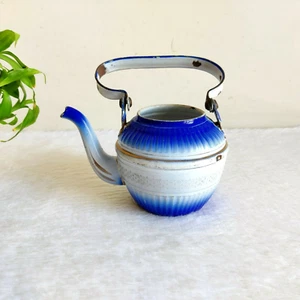 Vintage Blue White Golden Enamel Tea Pot Kitchenware Decorative Collectible IE60 - Picture 1 of 9