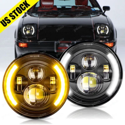For Mazda RX-7 1979-1985 Pair 7" inch Round LED Headlights Hi/Lo Beam H4 Bulbs - Image 1 of 4