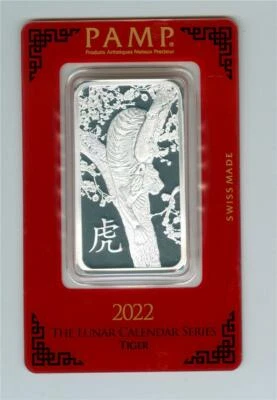 PAMP SUISSE 2022 AÑO DEL TIGRE 1 OZ BARRA PLATA FINA .999 GEMA BU Foto 1 de 2