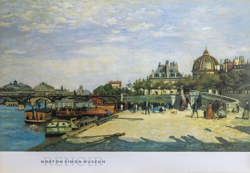 Pierre-Auguste Renoir poster on foamcore showing The Pont des Arts at sunset with boats, buildings, and street scenes.