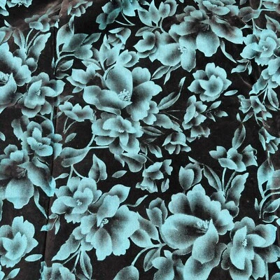 VTG Black Turquoise Floral Velvet Burnout Fabric 5+ Yds x 45” Stretch Sheer - Image 1 of 4