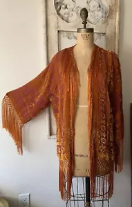 Burnout Velvet Silk Kimono Jacket Open Front Burnt Orange - Picture 1 of 17