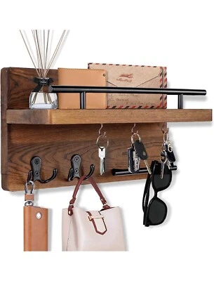OurWarm Key Holder Brown Wall Mounted Mail Holder Shelf Wood Organizer Rustic - Image 1 of 4