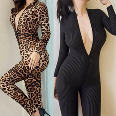 Women Clubwear Long Sleeve Leopard Bodysuit Zipper Jumpsuit Striped Catsuit Sexy - Image 1 of 4